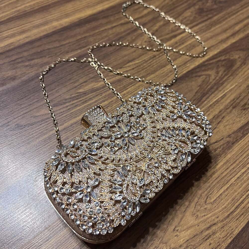 Gold Rhinestone Floral Embellished Hard-Shell Evening Clutch Bag with Chain Stra - Picture 2 of 6
